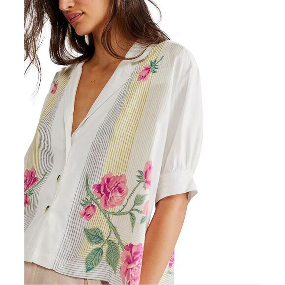 We The Free XS Oversized Big Blooms Button Up Flowy Shirt Stripe Rose - Picture 7 of 7